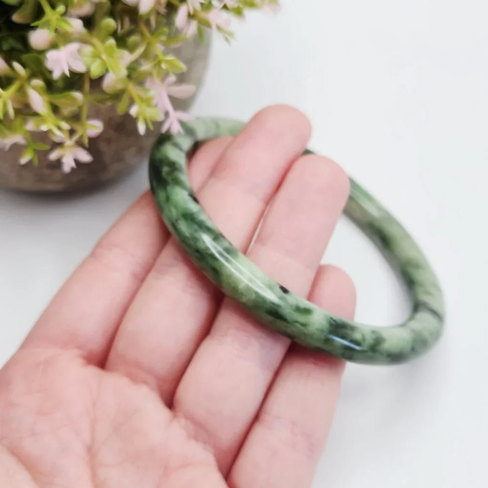 Natural Jadeite Spinach Speckled Jade Round Bangle Bracelet - Picture 6 of 6